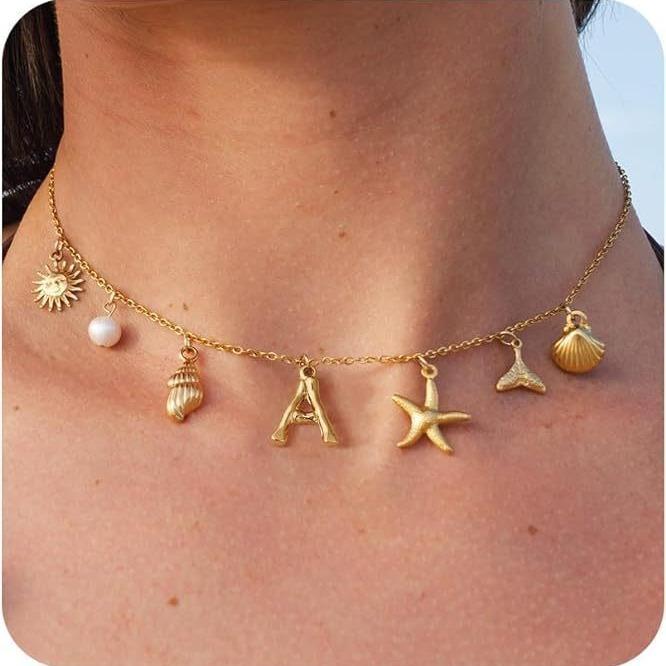 New Surfer Girl Necklace Beach Jewelry Initial Necklace for Girlfriend Seashell Letter Choker Starfish Accessories