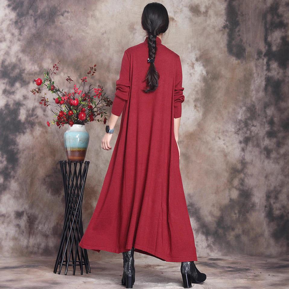 Johnature Women Vintage Knitted Dress Solid Color Half High Collar A-Line Autumn Soft Female Long Dresses
