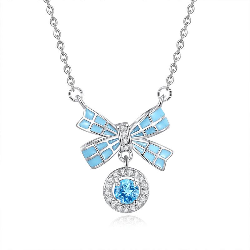 Women's S925 Sterling Silver Bow Knot Necklace Natural Amethyst Citrine Zircon Enamel Clavicle Chain Jewelry