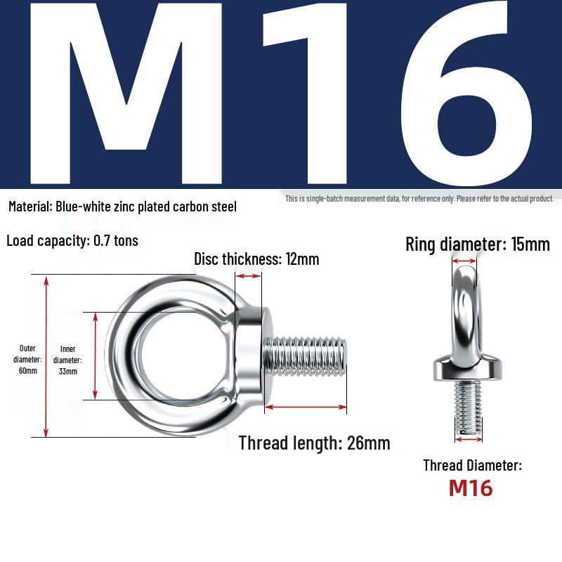 Marine Grade Zinc-Plated Hardened Carbon Steel Lifting Eye Bolt with Nut, Round Ring, Extended Thread, M6 M8 M20