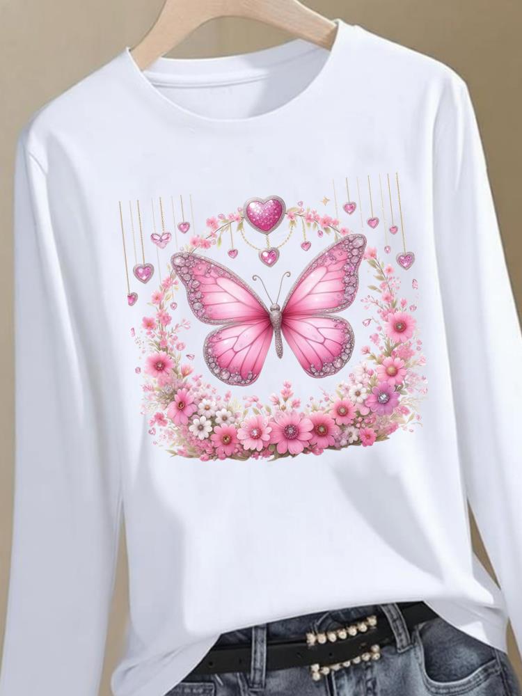 (Asian Size) butterfly style cute Graphic Tee o-neck Print T Shirt Casual Clothing Women autumn winter spring Fashion Top Long Sleeve T-shirts