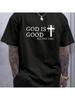 Męski T-shirt graficzny 'God is Good' - Casualowy czarny bawełniany T-shirt z nadrukiem krzyża,