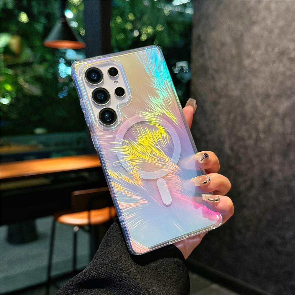 Suitable for Samsung S25ultra Feather Yarn Magnetic Suction Mobile Phone Case Gradient S25edge Color Plated S24 Laser Colorful Anti-fall