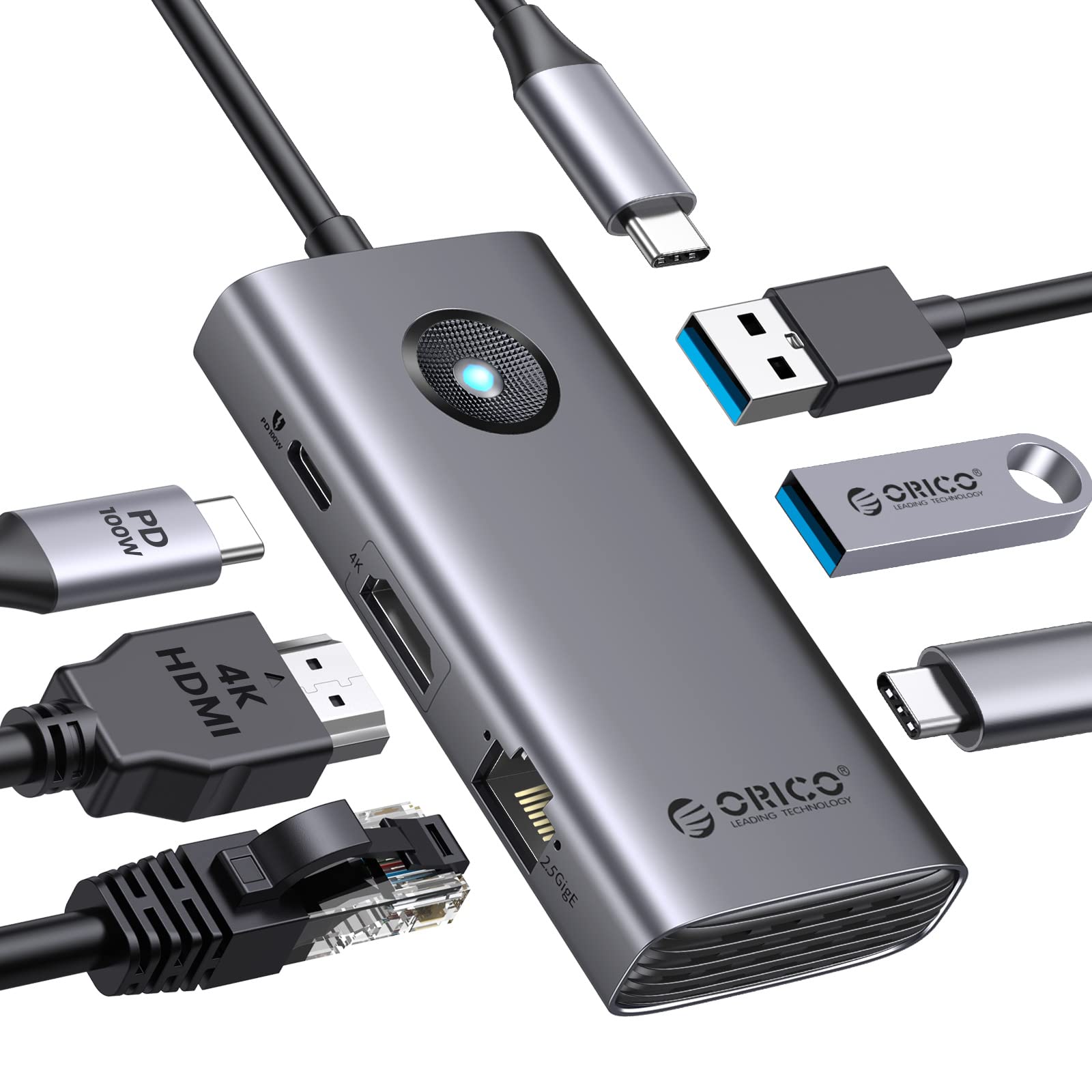 

Док-станция ORICO 6 в 1 USB 4K PD 2 1 Адаптер-мультипорт USB-C для Windows Mac Station, Хаб, HDMI, 2.5G Ethernet, 100 Вт, Порты USB-A 3.0, Порт USB-C 3.0, серый