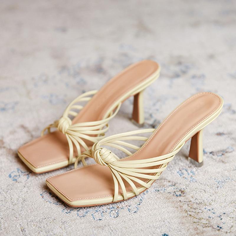 New Design Knot Pleated Leather Women Slippers Low Thin Heels Gladiator Sandals Fashion Square Open Toe Party Dress Shoes