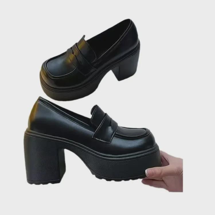 Mocassins polyvalents à talons hauts en cuir noir à semelle épaisse pour femme – Style rétro français JK pour l'automne/hiver