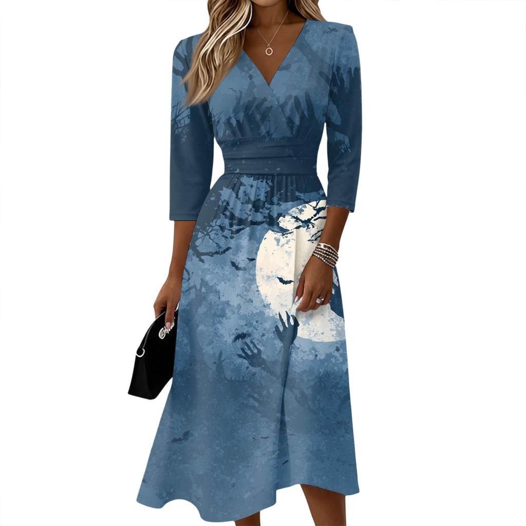 Womens Casual V Neck Midi Dress 3/4 Sleeve Back Zipper Wrap Style Fit and Flare Dress with Ghost Print