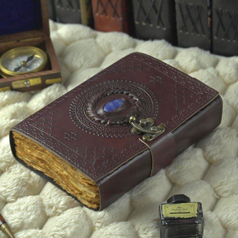 Embossed Leather Book of Shadows: Lapis Lazuli Grimoire Journal