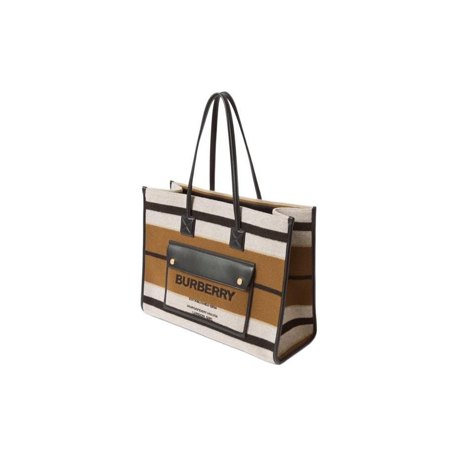 Burberry Freya Striped Wool And Leather Tote Bag Women Tote Bags Brown Black Beige 80490661