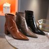 Horse Boots Female Ins Pointed  Skinny Boots  Winter New Patent Leather Thick with High Heel Short Boots Botas De Mujer