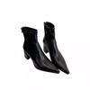 Women's Black Patent Leather Pointed Toe Ankle Boots with Chunky Heel and Back Zipper - New for Autumn/Winter 2025, High-End Martin Style.