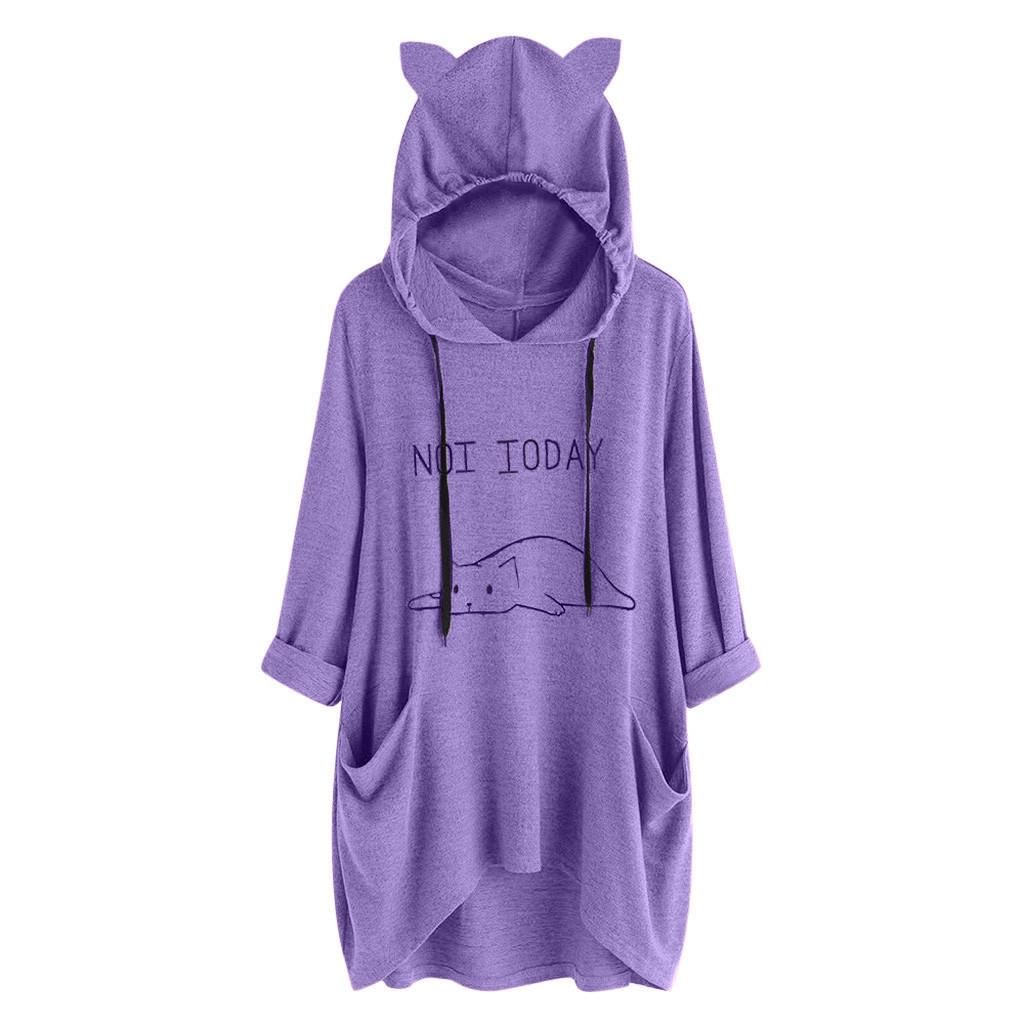 Women Casual Lying Cat Printed Long Sleeve Cat Ear Hooded Sweatshirt Pocket Tops