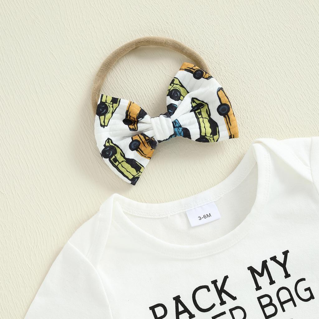 Baby Summer Outfits Letter Print Short Sleeve Round Neck Romper with Hat/Car Pattern Shorts and Headband Outfit