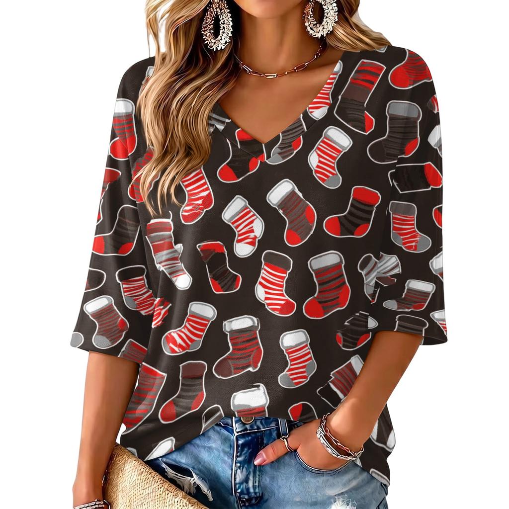 Women's V-neck Christmas Print Three-quarter Sleeve Lightweight Top