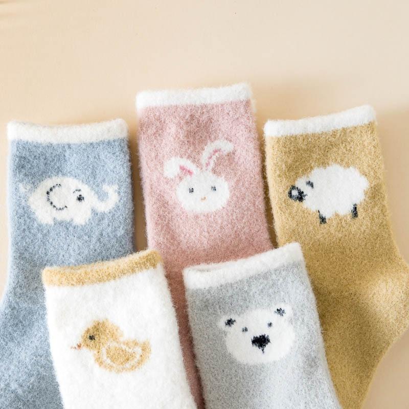 Baby Plush Socks Cartoon Solid Color Newborn Girls Boys Mid Tube Socks Warm Non-slip Floor Sleeping Sock Autumn Winter