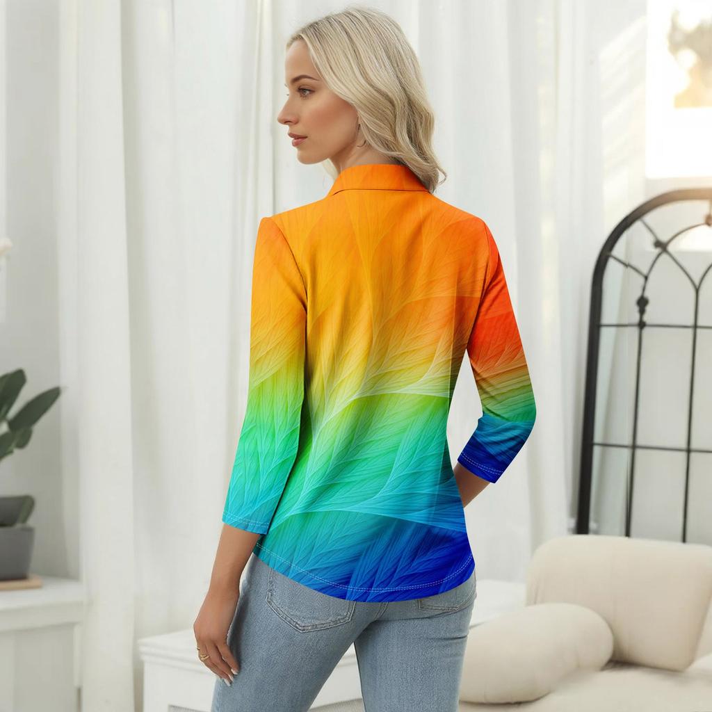 Haut T-shirt Décontracté pour Femme à Imprimé Floral, Col en V, Manches 3/4, Bouton Décoratif