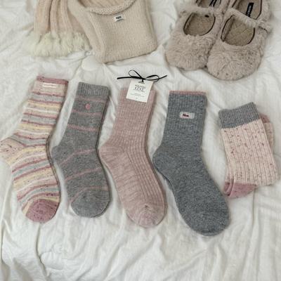 Grey and Pink Wool Socks for Women's Autumn and Winter, Thickened Cashmere Mid-calf Socks, Warm and Sweet Pile Socks for Winter