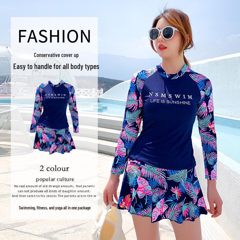 "Women's Conservative Split Skirt Swimsuit, Long Sleeve, Sun-Protective, Korean Style"