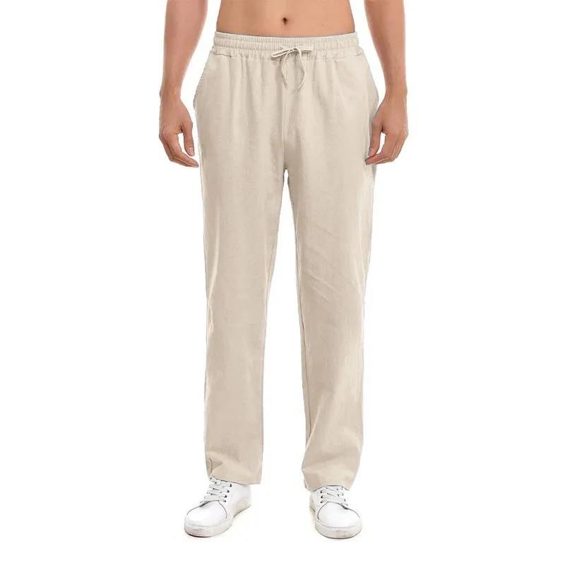 

Spring Summer Long Pants for Men Cotton Linen Solid Color Lightweight Pants Casual Sweatpants Elastic Waist Basic Style Trousers XXXL бежевый