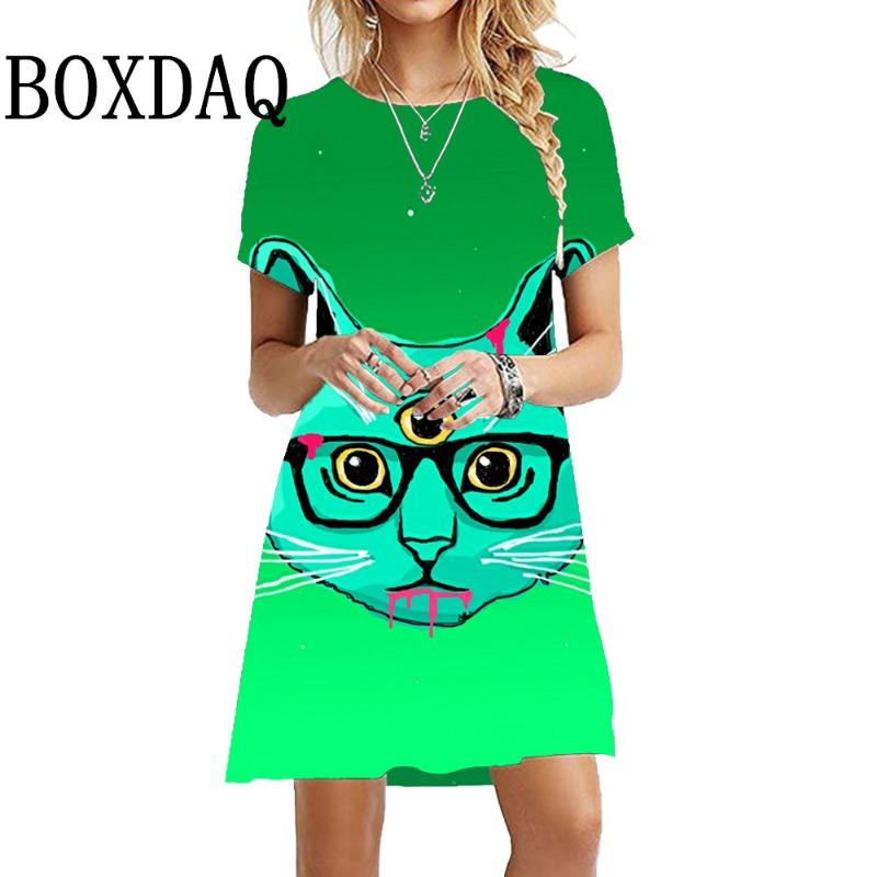Oversized Short Sleeve Dress Summer O-Neck Women'S Dress Loose Kawaii Painting Cat Print Dress Harajuku Streetwear Hip Hop Dress