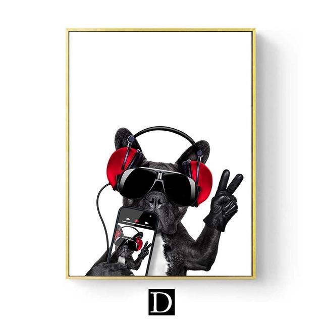 Funny Animal Wearing Headphones Wall Art Poster Cute Cat Dog Canvas Print Painting Nordic Kids Baby Room Decoration Pictures
