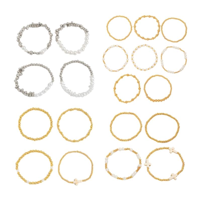 Hip Hop Styles Crosses Pendant Beaded Bracelet Set With Imitation Pearls for Layer Stackable Jewelry Gifts