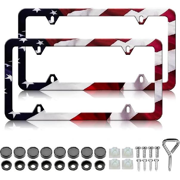 American Flag License Plate Frame Holder - 2 Pack Universal Aluminum Matte Stripe US Flag Gloss Patriotic Car Plate Frame Covers With Free Screws