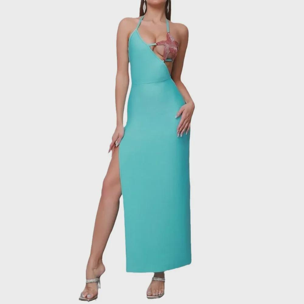 High-End Women's Halter Neck Lace-Up Solid Color Maxi Dress with Starfish Decoration