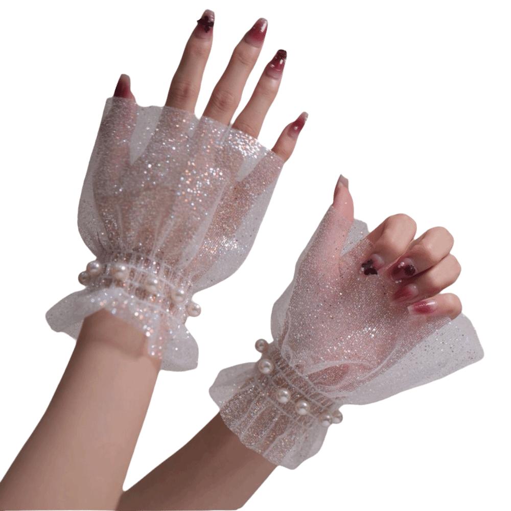 Fashion Accessories Glitters Shining Arm Sleeves Pearl Decoration White False Sleeve Cuffs Wrist Cuff Nails Photography Studio