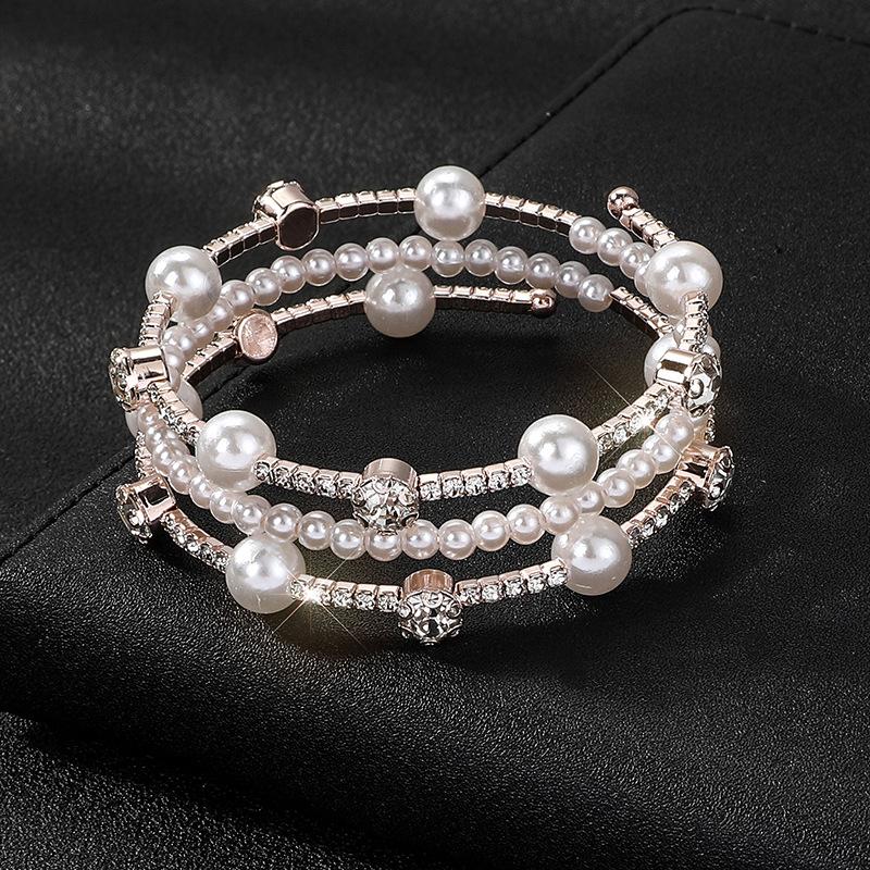 Multilayer Wrapped Elastic Bracelet 3 Rows Rhinestone Pearl Bracelet Bride Full Diamond Bracelet Women