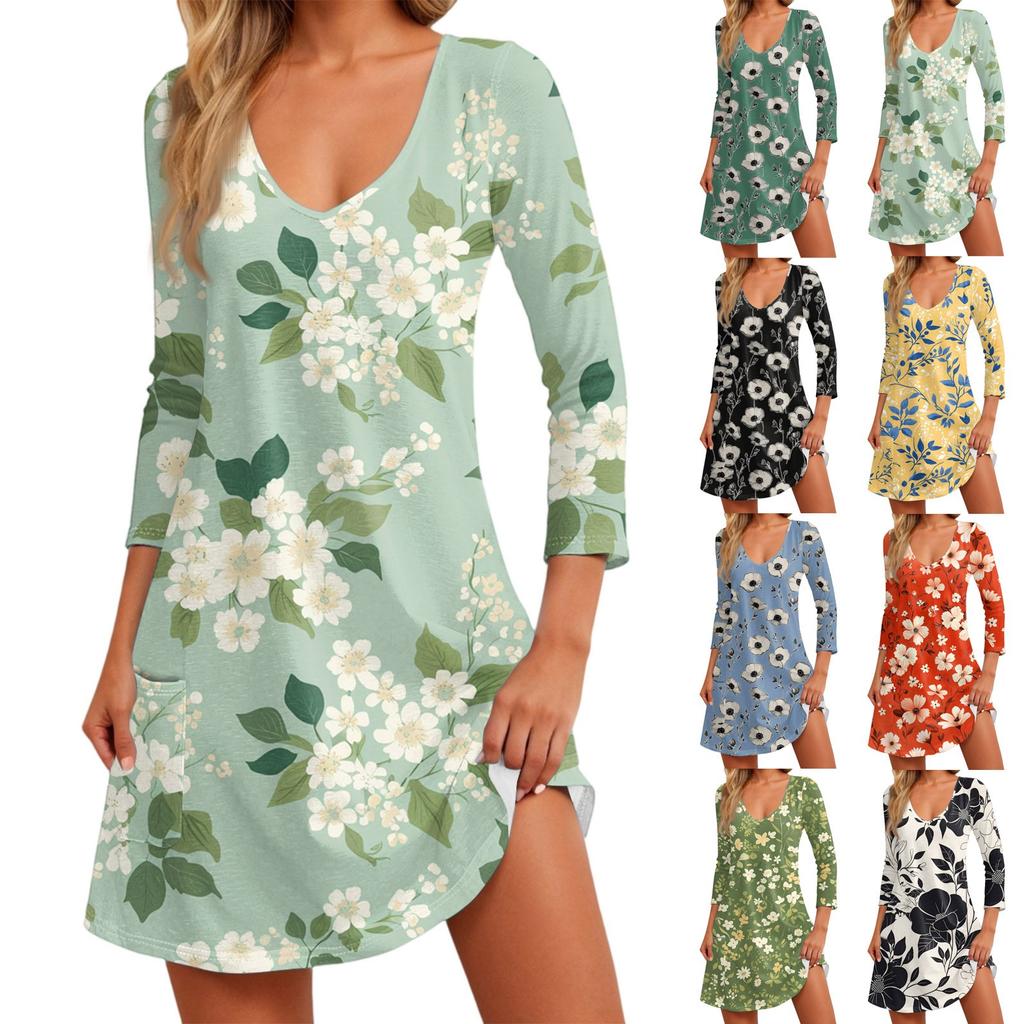 Women's Fashionable Casual V-Neck Floral Print Pocket Seven Quarter Sleeve Dress