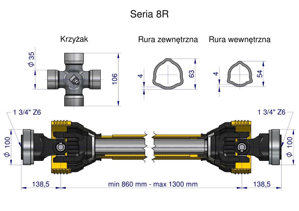 Gimbal-Telescopic Shaft 860-1300Mm 1240Nm Z6 - 1 3/4 From Both Sides Ce 2020 Series 8R Waryński