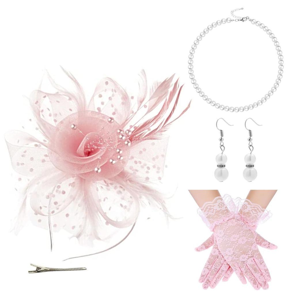 Elegant French Vintage Headband Pearl Necklace Set with Veil Gloves for Wedding Daily Wear