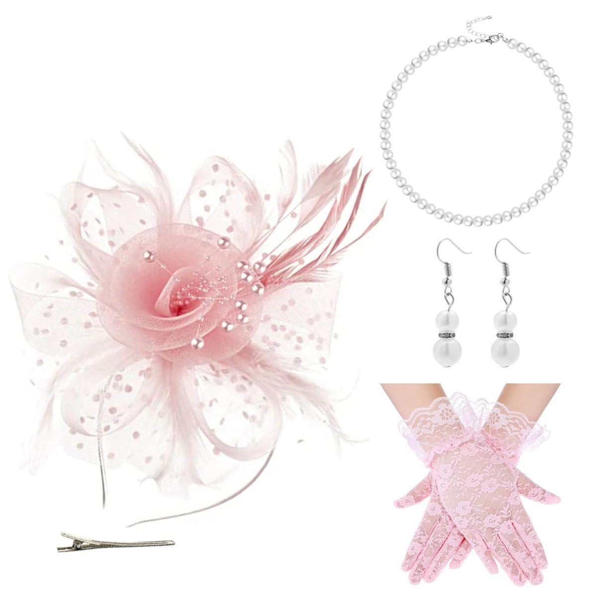 

Elegant French Vintage Headband Pearl Necklace Set with Veil Gloves for Wedding Daily Wear рожевий