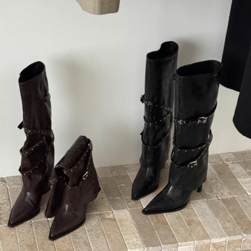 Fashion Fashion Tall Boots Autumn New Pointed Toe Rivet Side Zipper Anti-Slip Wear-Resistant High Heels