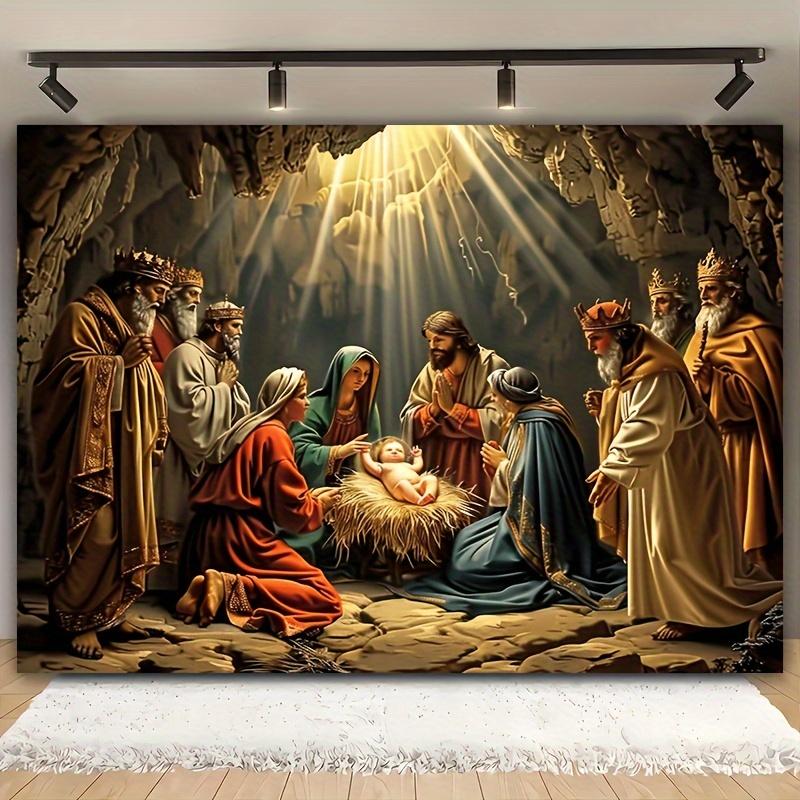 1pc Vintage Christmas Nativity Scene Tapestry, Global Holiday Series with Spectators,for Living Room Outdoor Decor Background