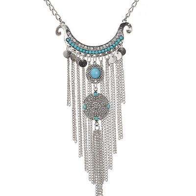 European & American Retro Fashion Multi-layer Turquoise Tassel Necklace for Women