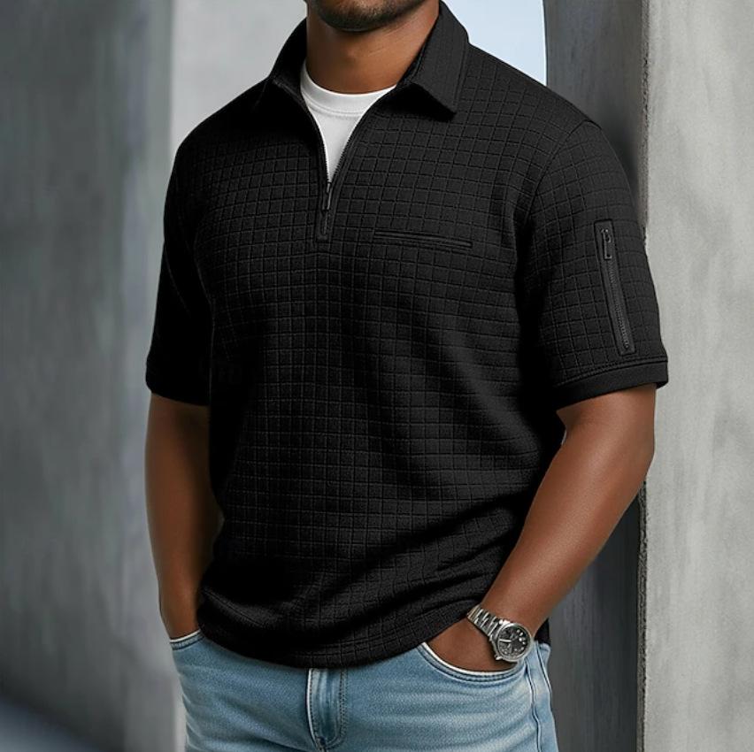 Men's Slim Fit Plaid Short Sleeve Shirt Zipper Front Casual Top with Decorative Arm Zip Pockets