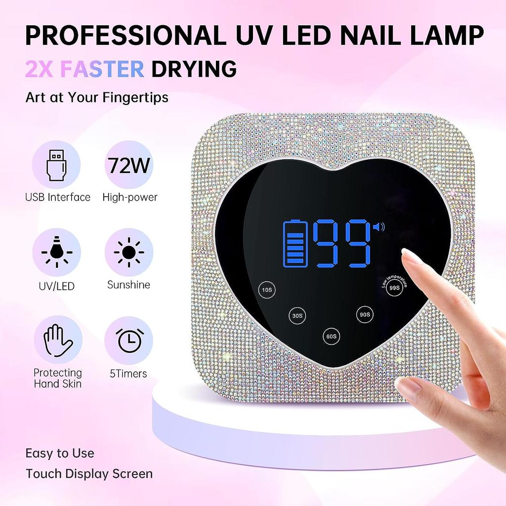 72W UV LED Nail Lamp Rechargeable Fast Drying Sparkly Nail Dryer Manicure Lamp Wireless for Curing All Gel Nail Polish