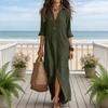 Women Solid Color Shirt Dress Casual Long Dress with Lapel Collar & Front Slit Lightweight Breathable Summer Beachwear Dress