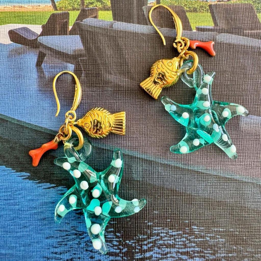 Starfish Ocean Earrings: Seahorse Series with Goldfish and Coral Design in Stainless Steel