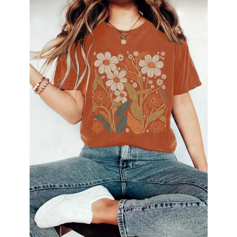 

YYFS женские модные повседневные летние весенние блузки и рубашки с цветочным узором и коротким рукавом с круглым вырезом XXL ржавый красный