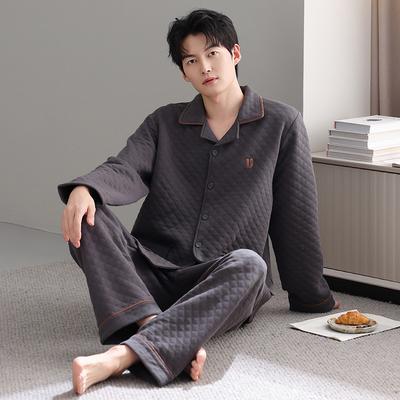 Autumn And Winter Thickened Pure Cotton Pajamas Dad Style Men'S Cotton Long-Sleeved Loungewear Warm Thin Padded Sandwich Set
