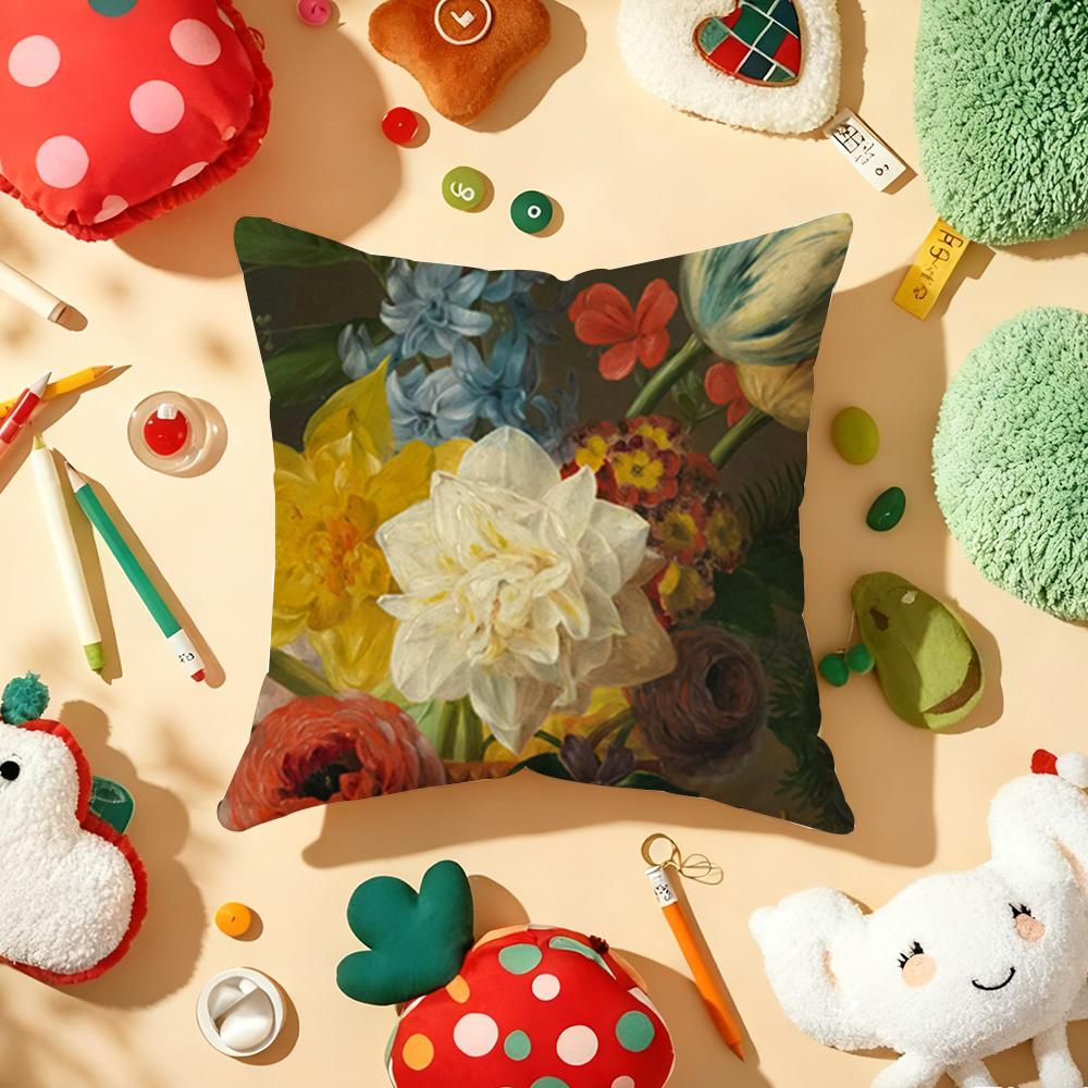 Beautiful Oil Painting Flowers Pillow Case Plush Fabric Soft DoubleSided Printed Sofa Warm Winter Home Gift Cushion Cover