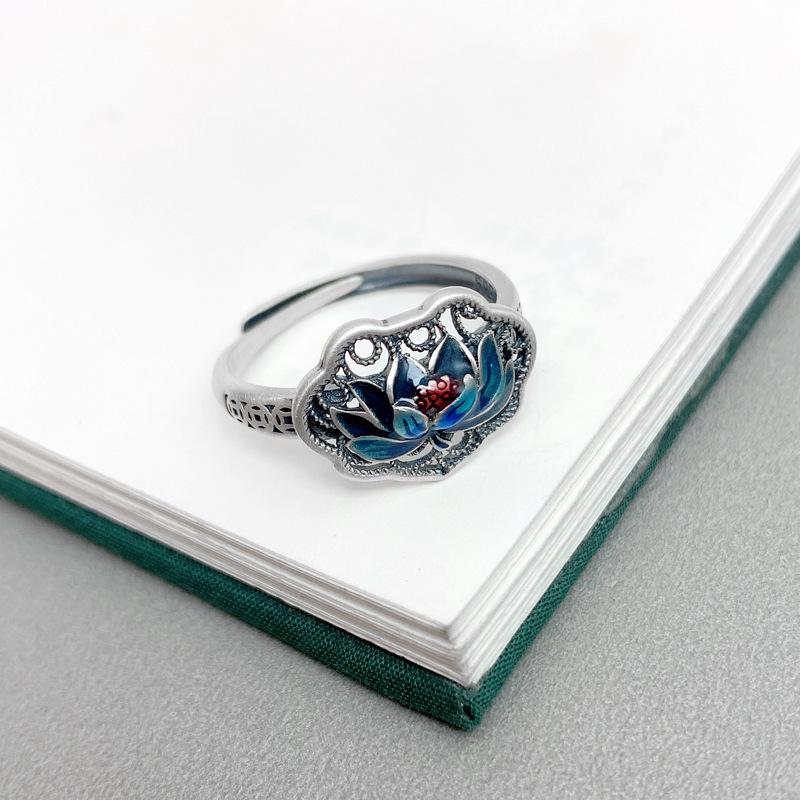 Adjustable 925 Sterling Silver Blue Lotus Ring for Men and Women