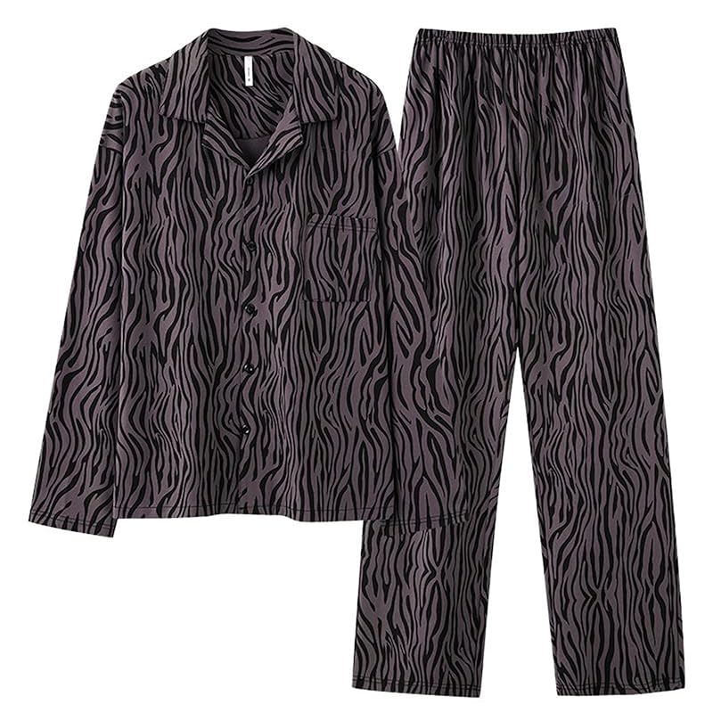 

[PHOLEEY] pajamas men s long sleeve cotton room wear top and bottom set Thin Front opening Room wear