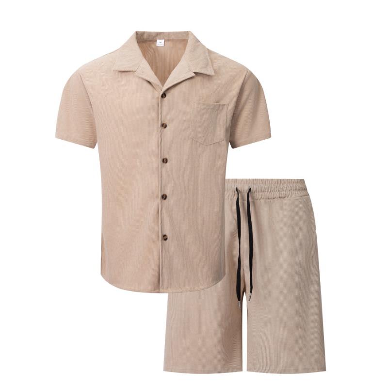 Men S Summer Thin Short Sleeve Cuban Collar Shirt And Shorts Casual Two Piece Set