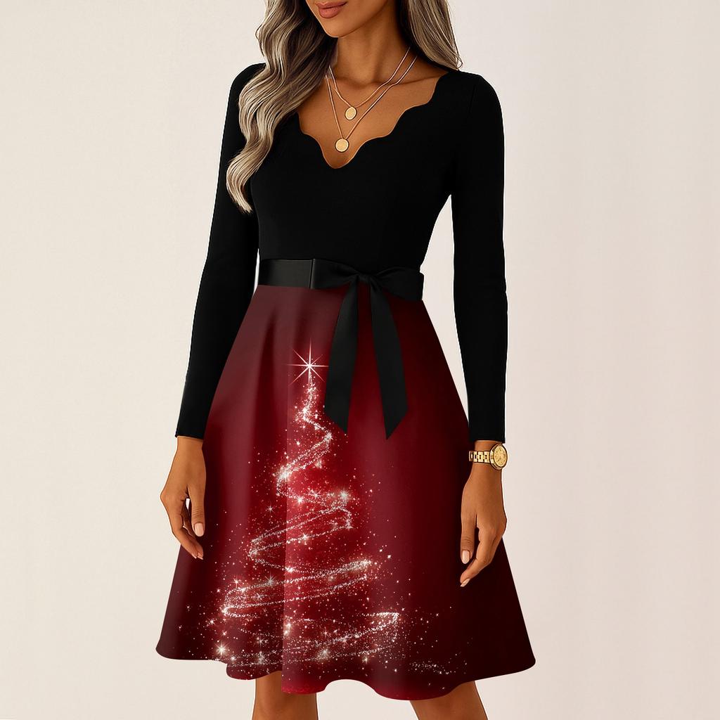 Damen Casual Mode V-Ausschnitt Langarm Weihnachten Bedruckt Party Vintage Lange Kleider
