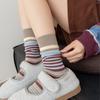 Korean Retro Mori Color Block Striped Mid-Calf Socks - Women's Breathable Autumn/Winter Birkenstock Double-Needle Scrunch.