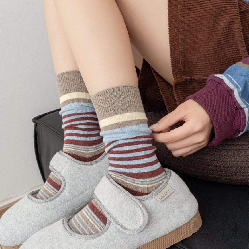 Korean Retro Mori Color Block Striped Mid-Calf Socks - Women's Breathable Autumn/Winter Birkenstock Double-Needle Scrunch.